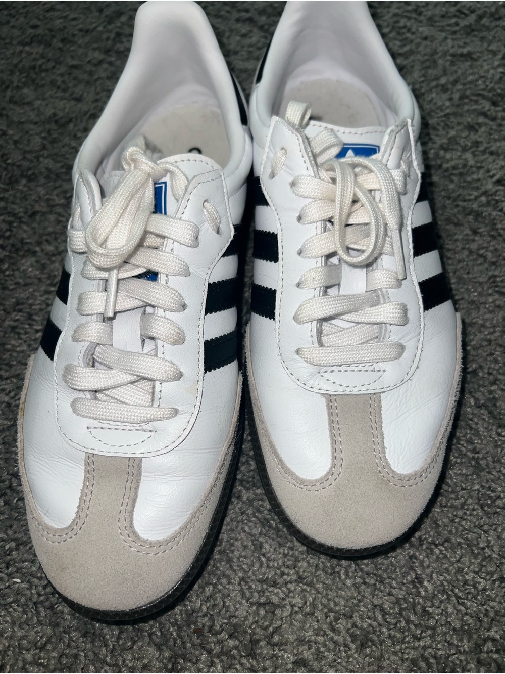 adidas White Sneakers with Black Stripes and Tan Suede Accents